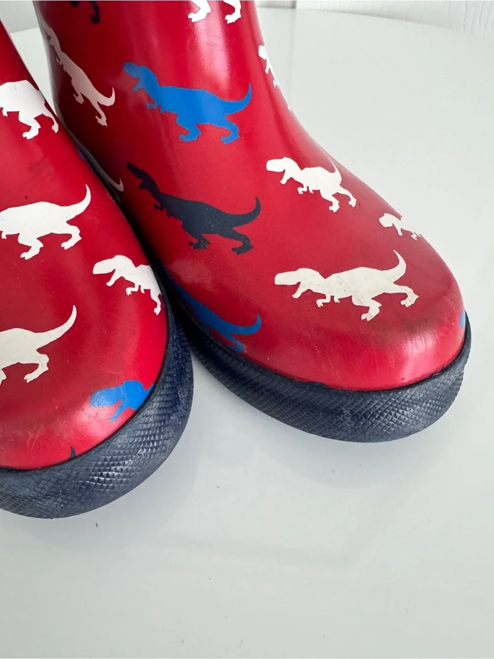 Hatley Red Rain Boots with Blue, White & Black T-Rex Dinosaur Print, size 11